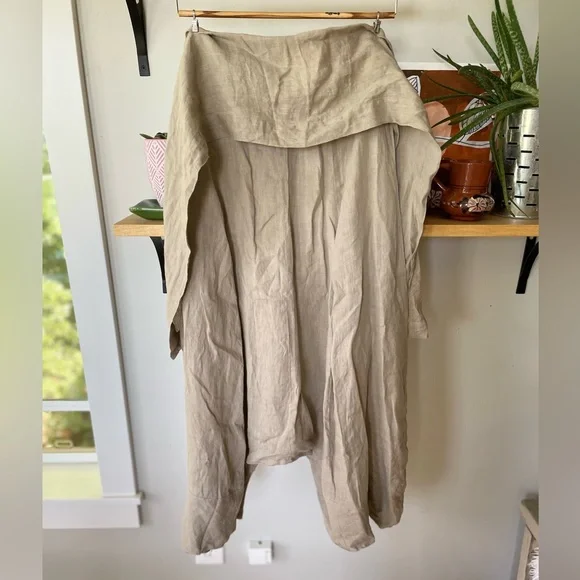 Sarah Pacini Oatmeal Beige Linen Harem Wide Leg Designer Pants with Sash Belt M - Picture 3 of 12